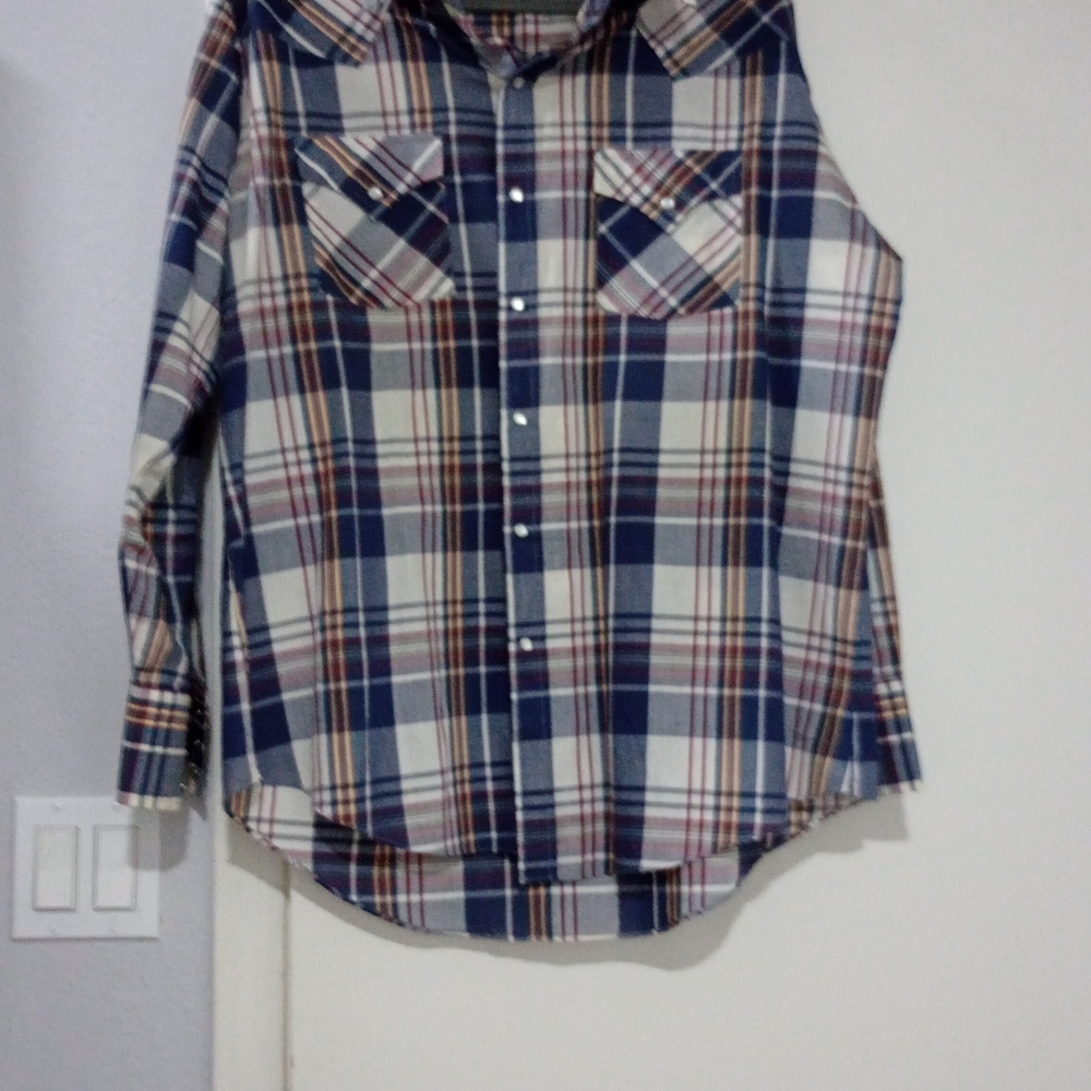 Vintage Ely Cattleman Blue and White Plaid Mens LS Button Down Shirt Size XL